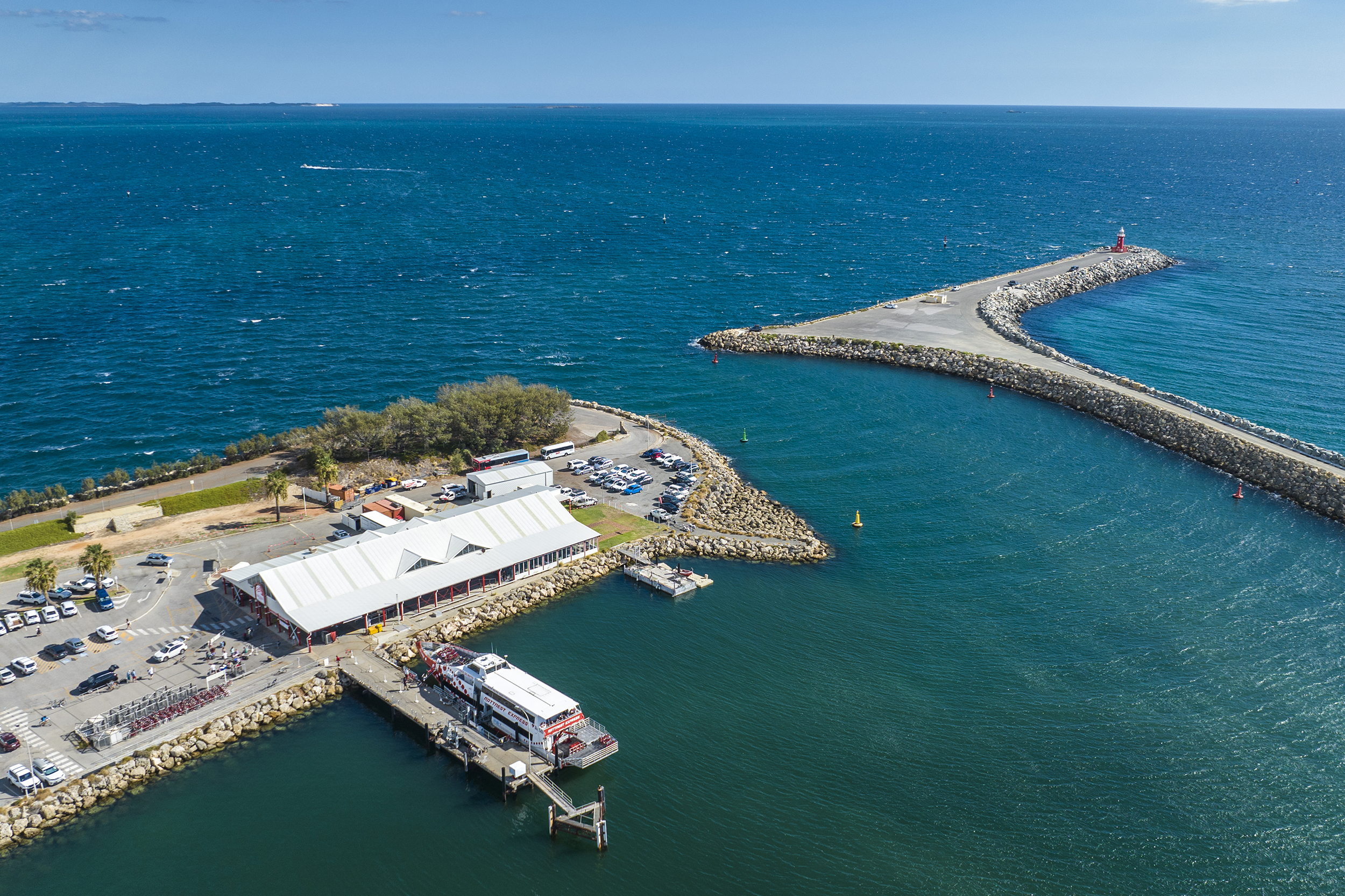 An aerial view of the Rottnest Express Northport terminal showing the big car park, ferry departure point and café.